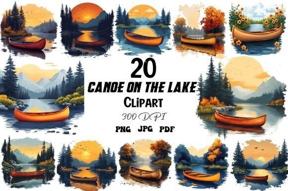Canoe on the Lake Clipart Set