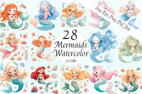 Cute Watercolor Mermaid Clipart for Kids, Nursery, and Baby Shower Projects