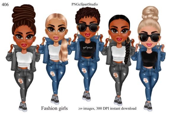 Denim Girl & Chibi Doll Clipart: Creative Tools for Modern Design Projects