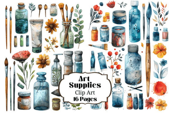 Watercolor Art Supplies Clip Art for Creative Projects