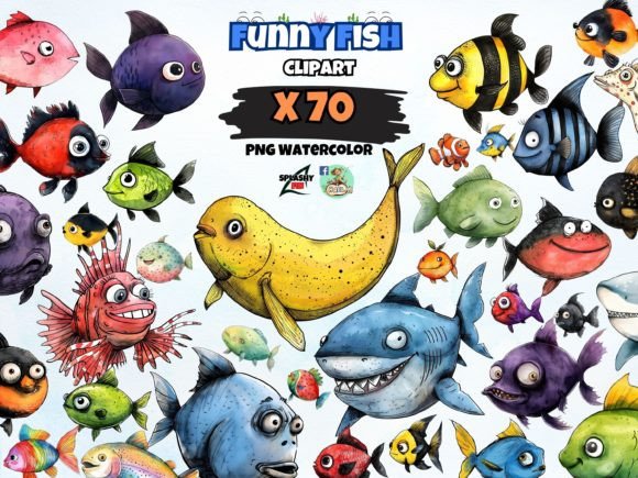 Watercolor Funny Fish Clipart PNG Bundle